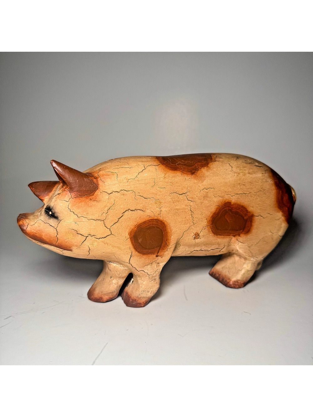 Vintage Folk Art Wooden Pig Figurine Rustic Farmhouse Hand Carved Pig Sculpture